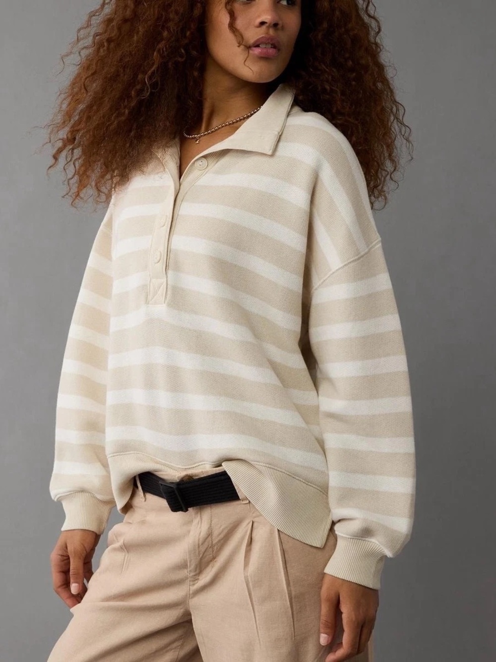 Striped Half-Button Pullover Sweater in Beige and White